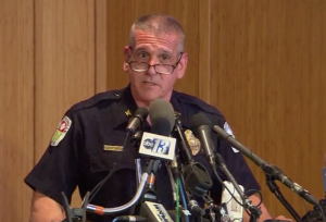 Charlottesville Police Chief Tim Longo at the March 23 press conference. Courtesy: NBC News.